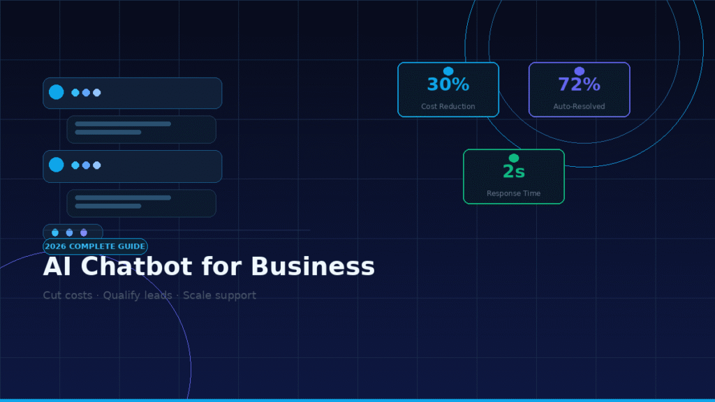 AI Chatbot for Business: Complete 2026 Guide A business AI chatbot interface showing automated chat bubbles and performance metrics including 30% cost reduction and 72% ticket resolution rate.