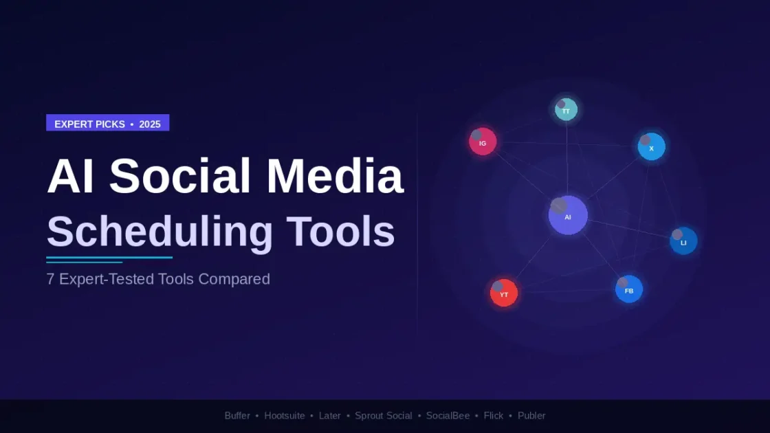 Best AI Social Media Scheduling Tools: Expert Picks Dashboard showing AI social media scheduling tools with platform nodes for Instagram, LinkedIn, and more.