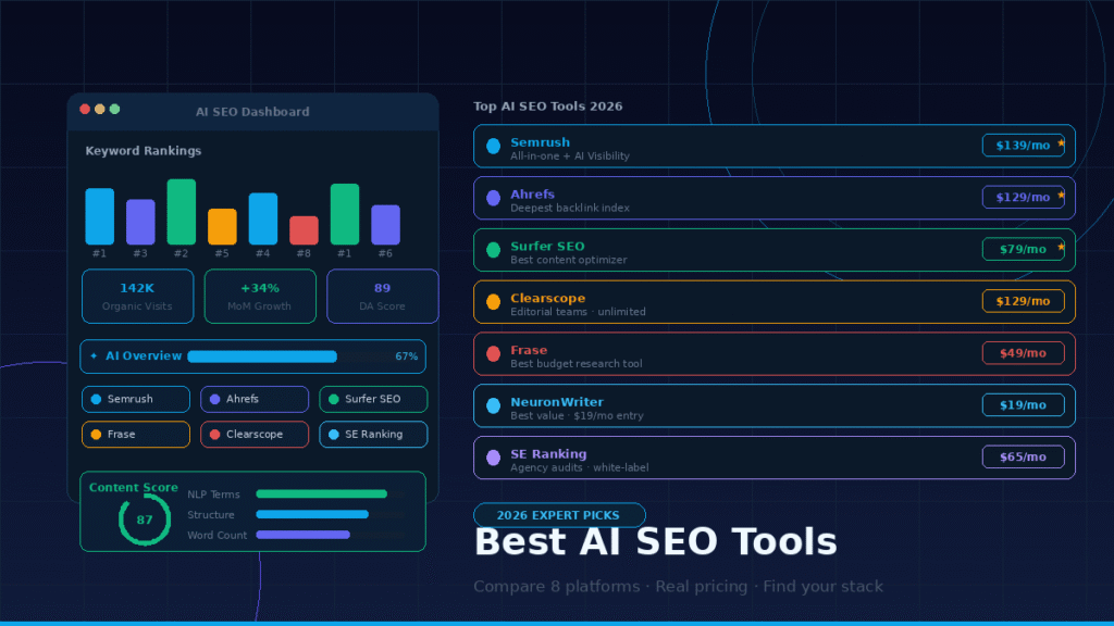 Best AI SEO Tools: Expert Picks for 2026 An SEO dashboard showing the best AI SEO tools including Semrush, Ahrefs, and Surfer SEO with rankings, content scores, and AI visibility tracking.