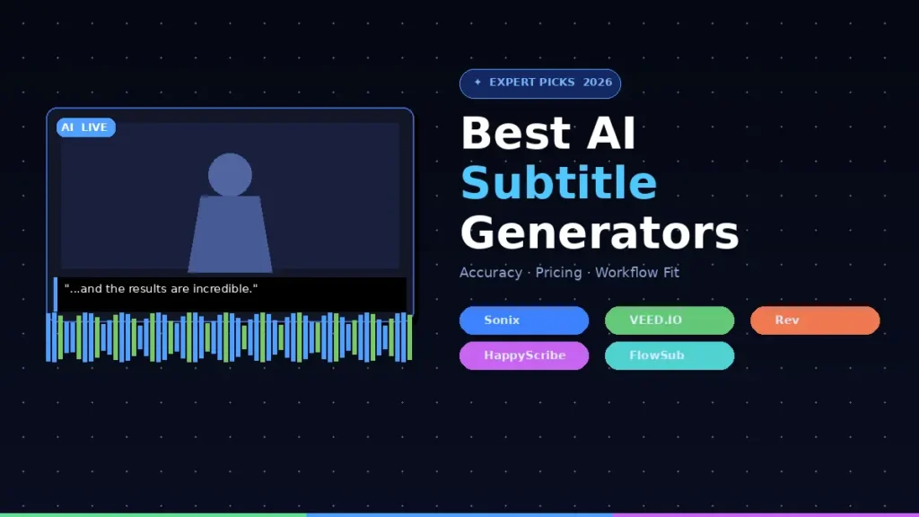 A video frame with AI-generated subtitles displayed below a speaker, surrounded by top AI subtitle generator tool names.