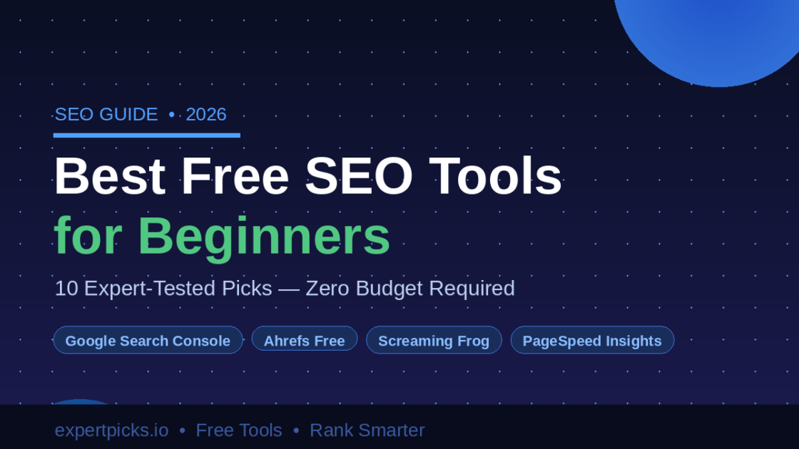 A featured blog image showing the best free SEO tools for beginners with expert-tested tool names on a dark background.