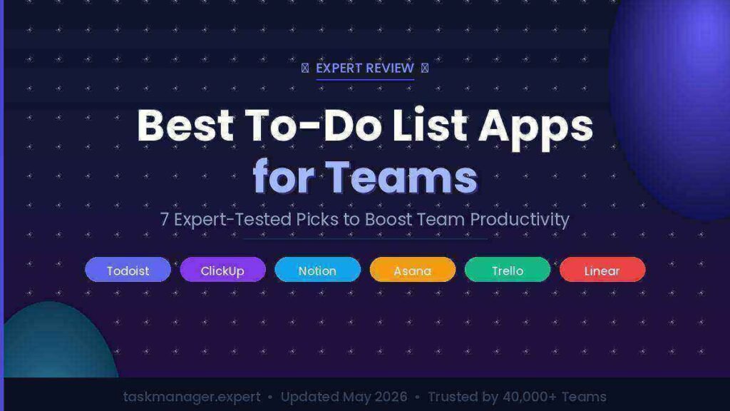 Best To-Do List Apps for Teams: Expert Picks Comparison graphic showing the best to-do list app for teams including Todoist, ClickUp, Notion, Asana, and Trello