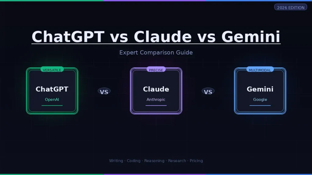 ChatGPT vs Claude vs Gemini: Expert 2026 Guide Side-by-side comparison graphic of ChatGPT vs Claude vs Gemini with brand labels and category badges for 2026