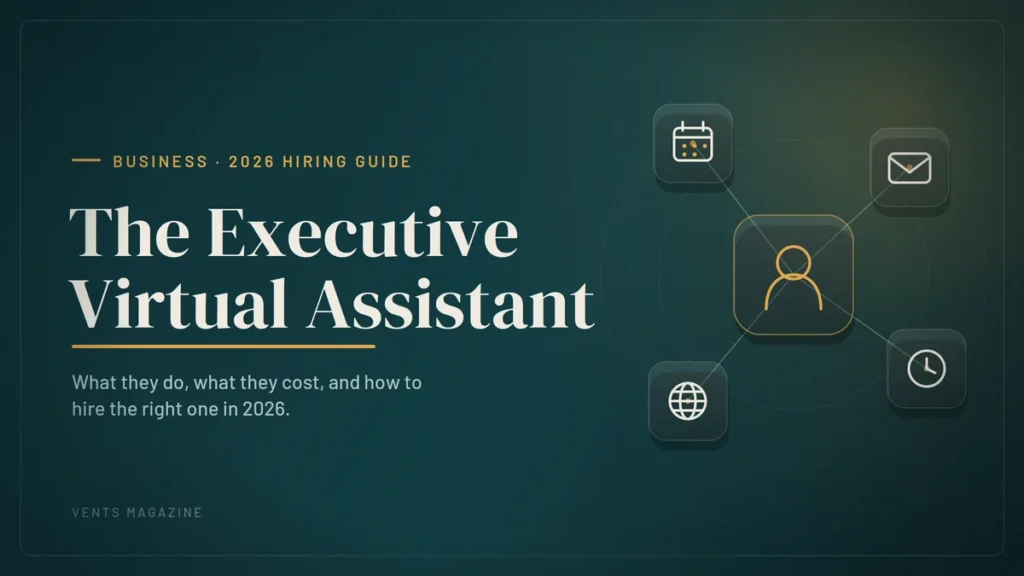 Executive Virtual Assistant: The Complete 2026 Guide Editorial graphic of an executive virtual assistant managing calendar, inbox, scheduling and remote tasks.