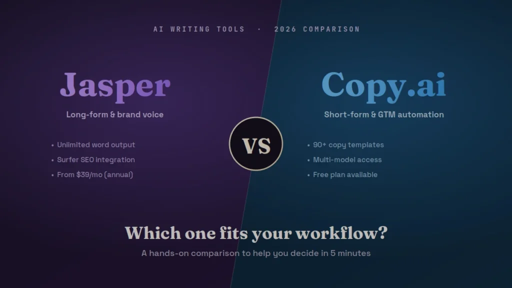 Jasper vs Copy.ai: Complete 2026 Comparison Side-by-side comparison of Jasper vs Copy.ai AI writing tools showing key features and pricing for 2026.