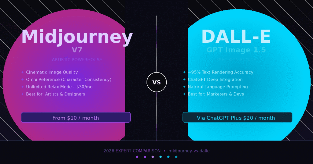 Side-by-side comparison of Midjourney V7 and GPT Image 1.5 outputs in 2026
