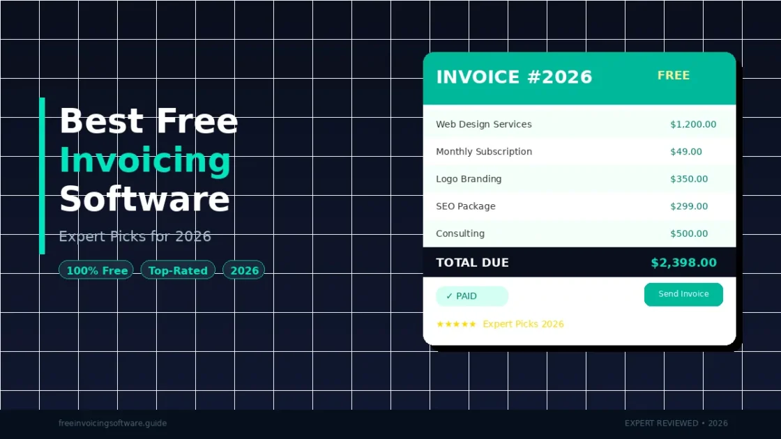 Best Free Invoicing Software: Expert Picks for 2026 A stylized invoice document showing best free invoicing software features with a paid status badge and itemized billing rows.