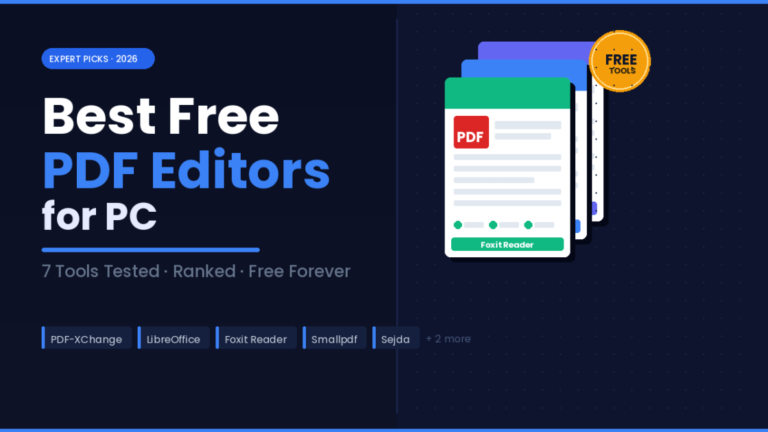 Best Free PDF Editor for PC: Expert Picks (2026) Comparison of the best free PDF editors for PC showing stacked document cards with tool name tags