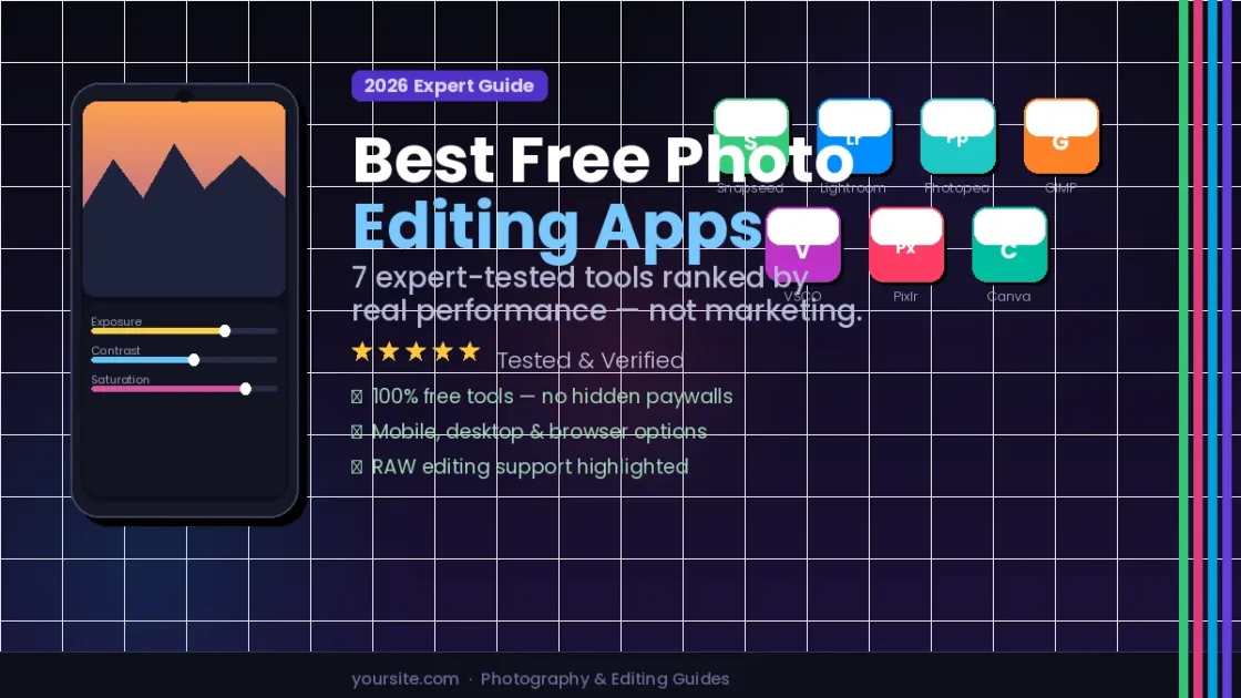 Best Free Photo Editing Apps: Expert Picks for 2026 Phone screen showing best free photo editing app sliders alongside Snapseed, Lightroom, and Photopea app icons
