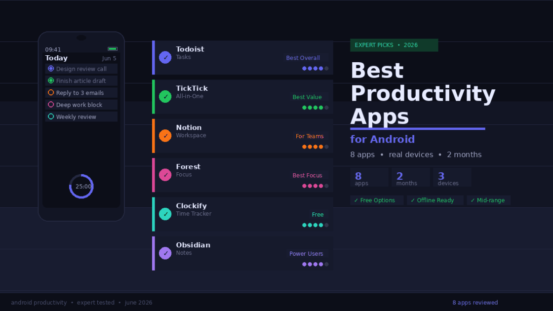 An Android phone with a task list and six ranked best productivity apps for Android including Todoist, Notion, and Forest.