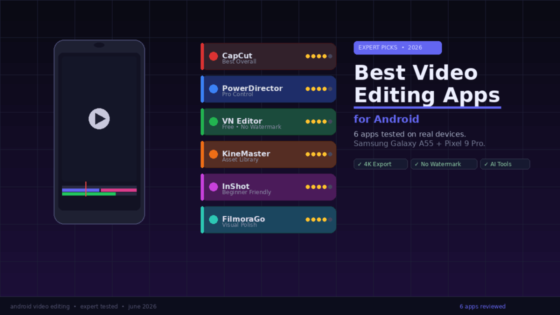 Best Video Editing Apps for Android: Expert Pick A phone mockup showing a video timeline alongside the best video editing app for Android ranked on screen.
