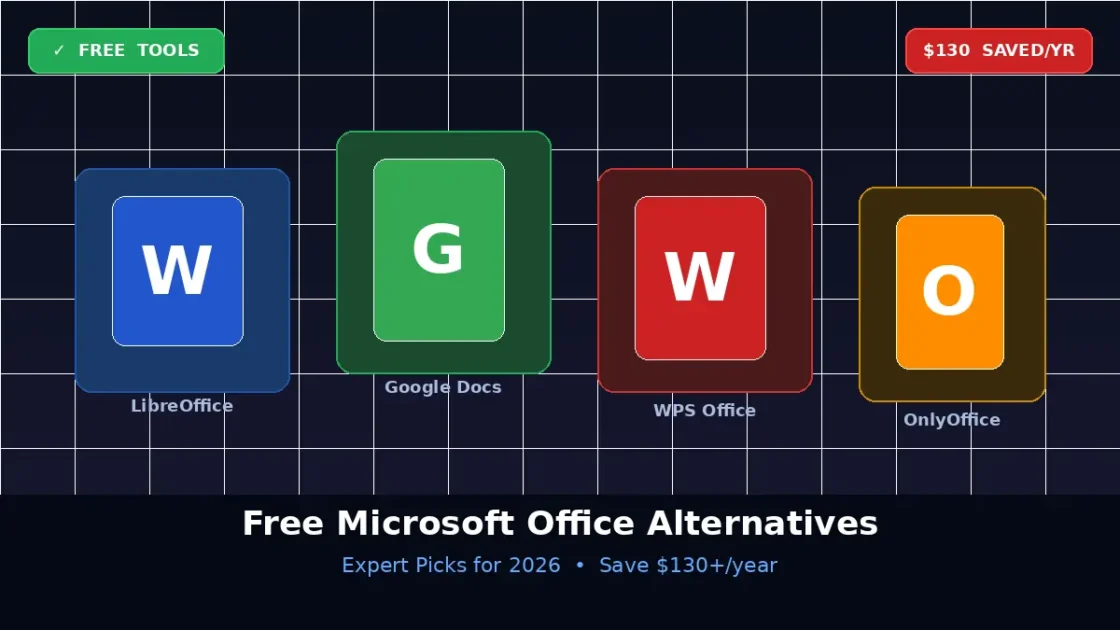 Free Microsoft Office Alternatives: Expert Picks for 2026 Four free Microsoft Office alternatives shown side by side — LibreOffice, Google Docs, WPS Office, and OnlyOffice.