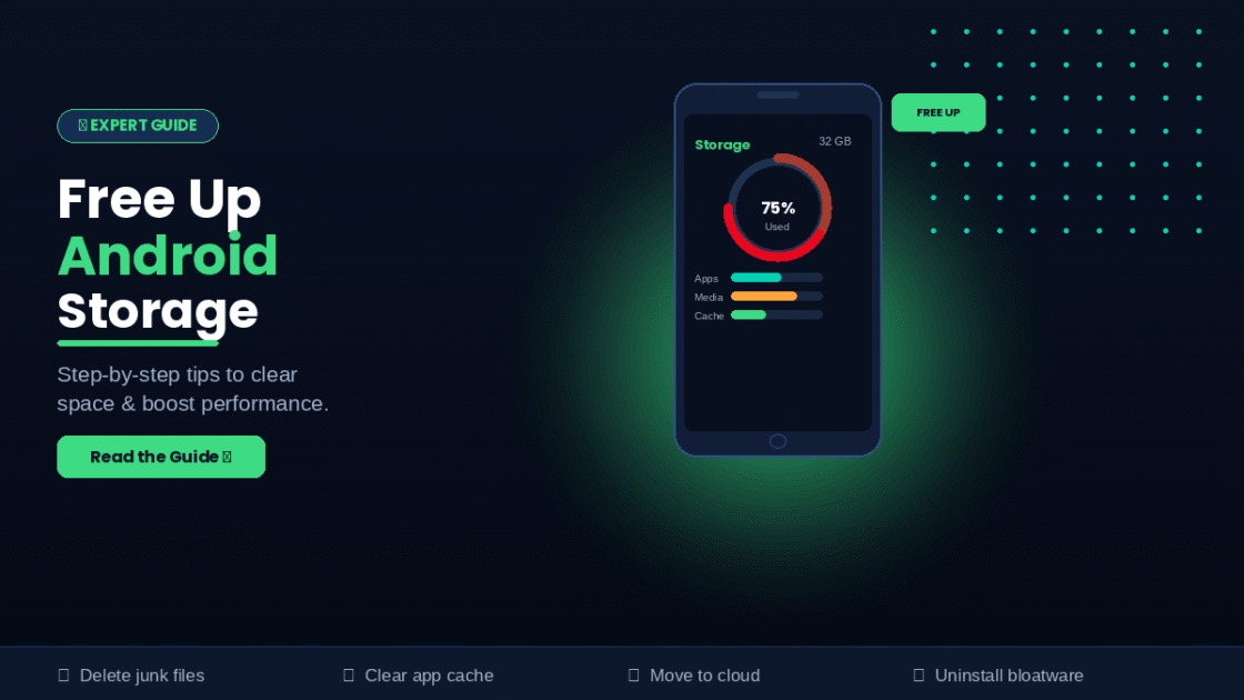A dark-themed infographic showing how to free up Android storage with app cache, media, and junk file tips.