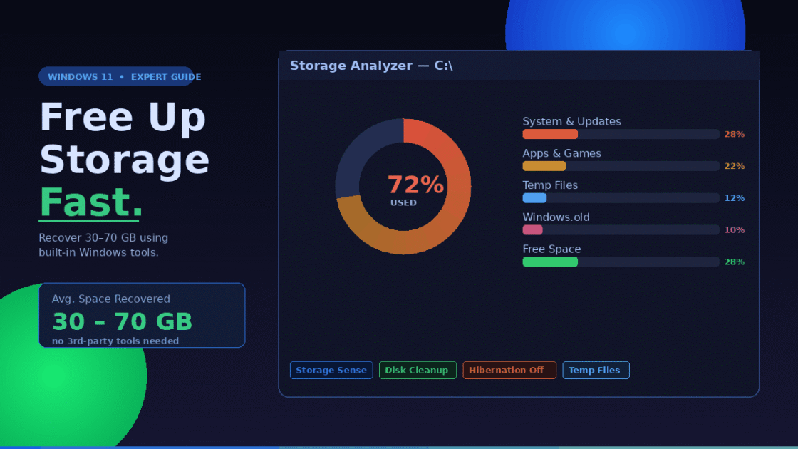 Free Up Storage on Windows 11: Expert Guide A Windows 11 storage analyzer dashboard showing how to free up storage space with cleanup tools and usage breakdown.