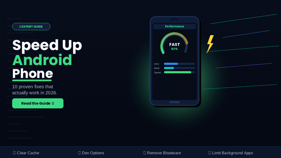 A dark tech-themed graphic showing how to speed up Android phone with a performance dashboard and expert tips.