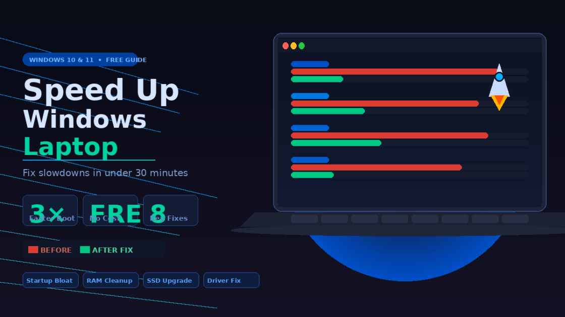 A dark tech-themed laptop mockup with performance bars and a speedometer showing how to speed up your Windows laptop.